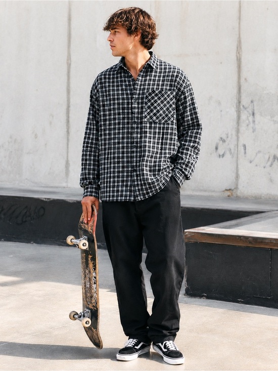 No Boundaries Other - No Boundaries Men's Large Oversized Black Soot Plaid Flannel Shirt Soft Skater